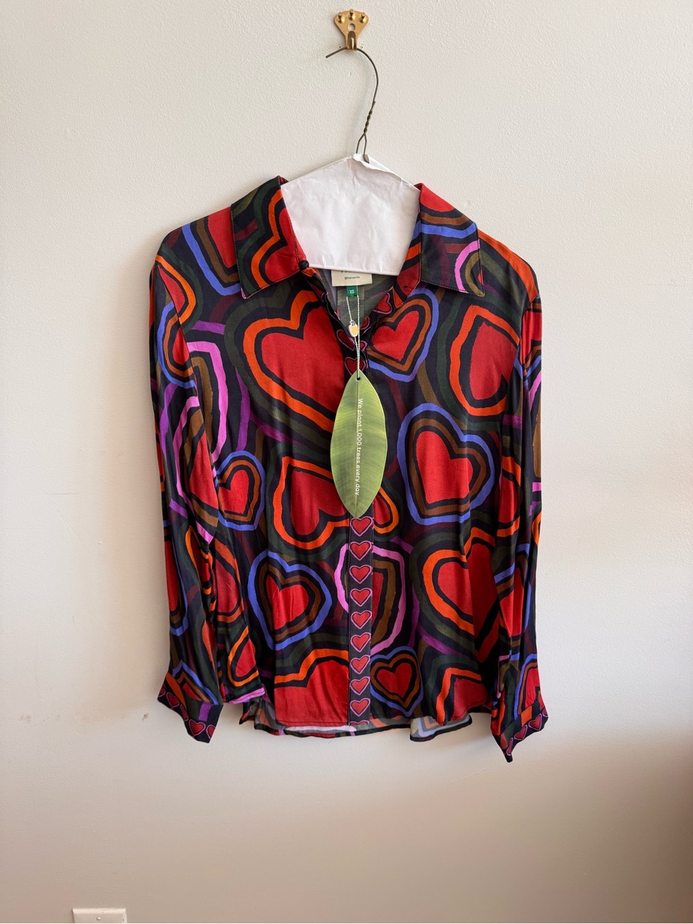 Farm Rio Womens Multicolor Heart Print Button-Up Blouse